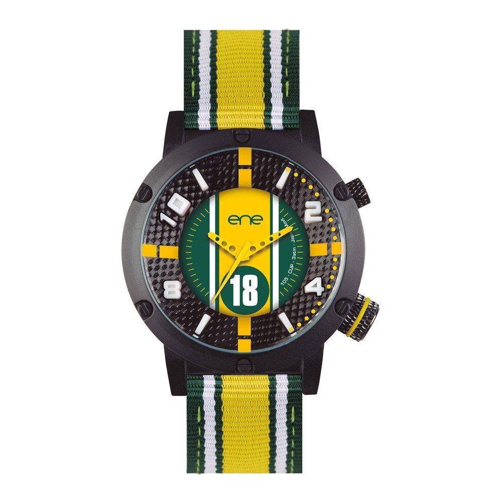 Montre Quartz Noir- Bracelet Textile Jaune-Vert